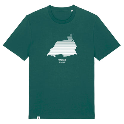 Grünes Unisex T-Shirt mit Rundhalsausschnitt. Auf der Brust ist in weißen Streifen der Umriss von Wacken. Darunter steht Wacken 54° N und 9° E. Die Farbe vom T-Shirt heißt Glazed Green.