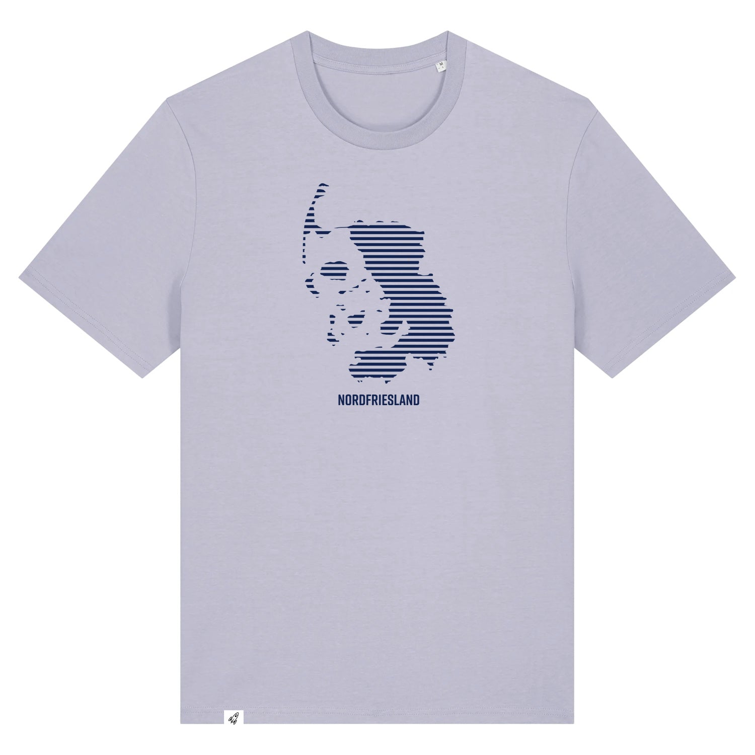 Fliederfarbiges Unisex T-Shirt mit dem Nordfriesland Umriss in dunkelblauen Streifen.