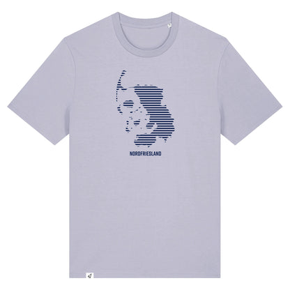 Fliederfarbiges Unisex T-Shirt mit dem Nordfriesland Umriss in dunkelblauen Streifen.