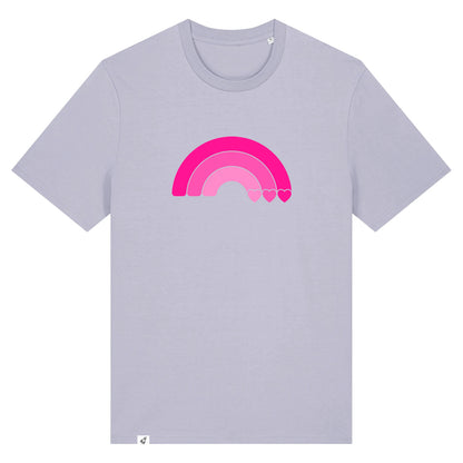 Violettes Unisex T-Shirt aus der Pinktober Kollektion mit Regenbogen Motiv.