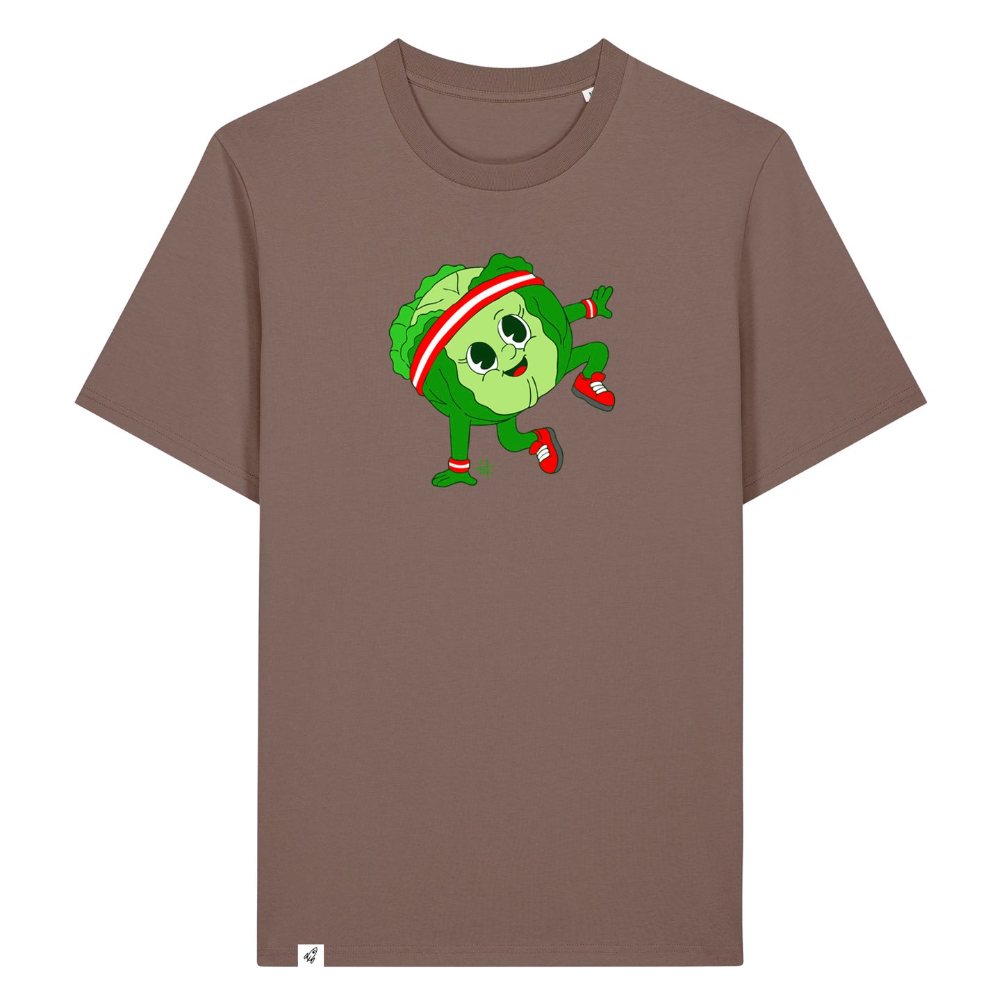 Braunes Unisex T-Shirt mit Rundhalsausschnitt. Auf der Brust ist ein tanzender Kohlkopf.