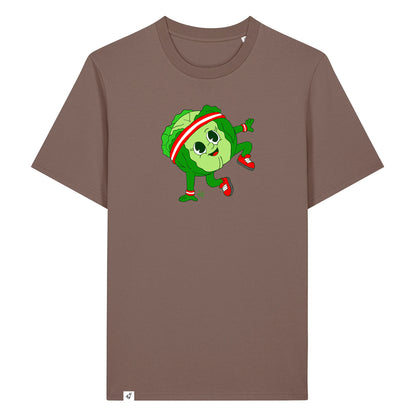 Braunes Unisex T-Shirt mit Rundhalsausschnitt. Auf der Brust ist ein tanzender Kohlkopf.