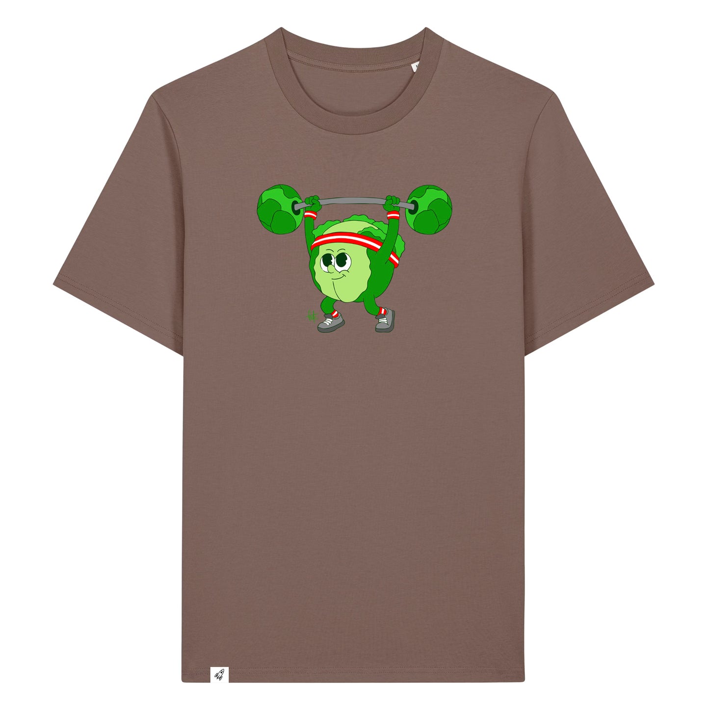 Braunes Unisex T-Shirt mit Rundhalsausschnitt. Auf der Brust ist ein Kohlkopf der eine Hantelstange hebt.
