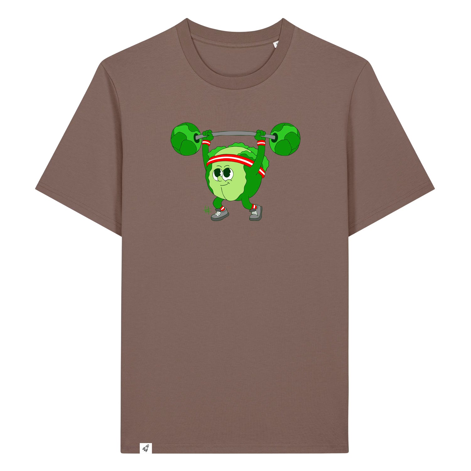 Braunes Unisex T-Shirt mit Rundhalsausschnitt. Auf der Brust ist ein Kohlkopf der eine Hantelstange hebt.