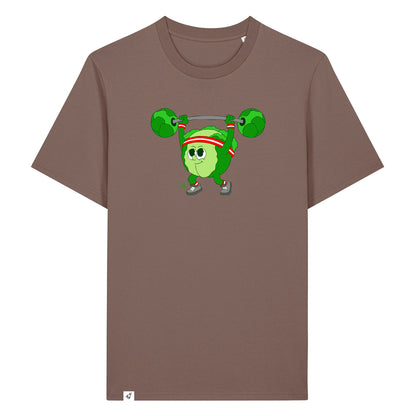 Braunes Unisex T-Shirt mit Rundhalsausschnitt. Auf der Brust ist ein Kohlkopf der eine Hantelstange hebt.