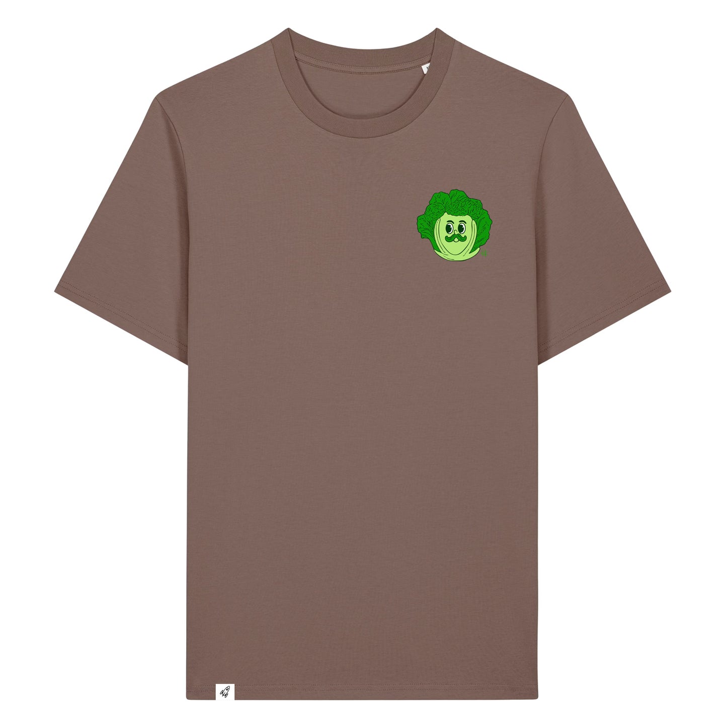 Braunes Unisex T-Shirt mit Rundhalsausschnitt. Auf der linken Brust ist ein Wirsing Kohlkopf Herr.