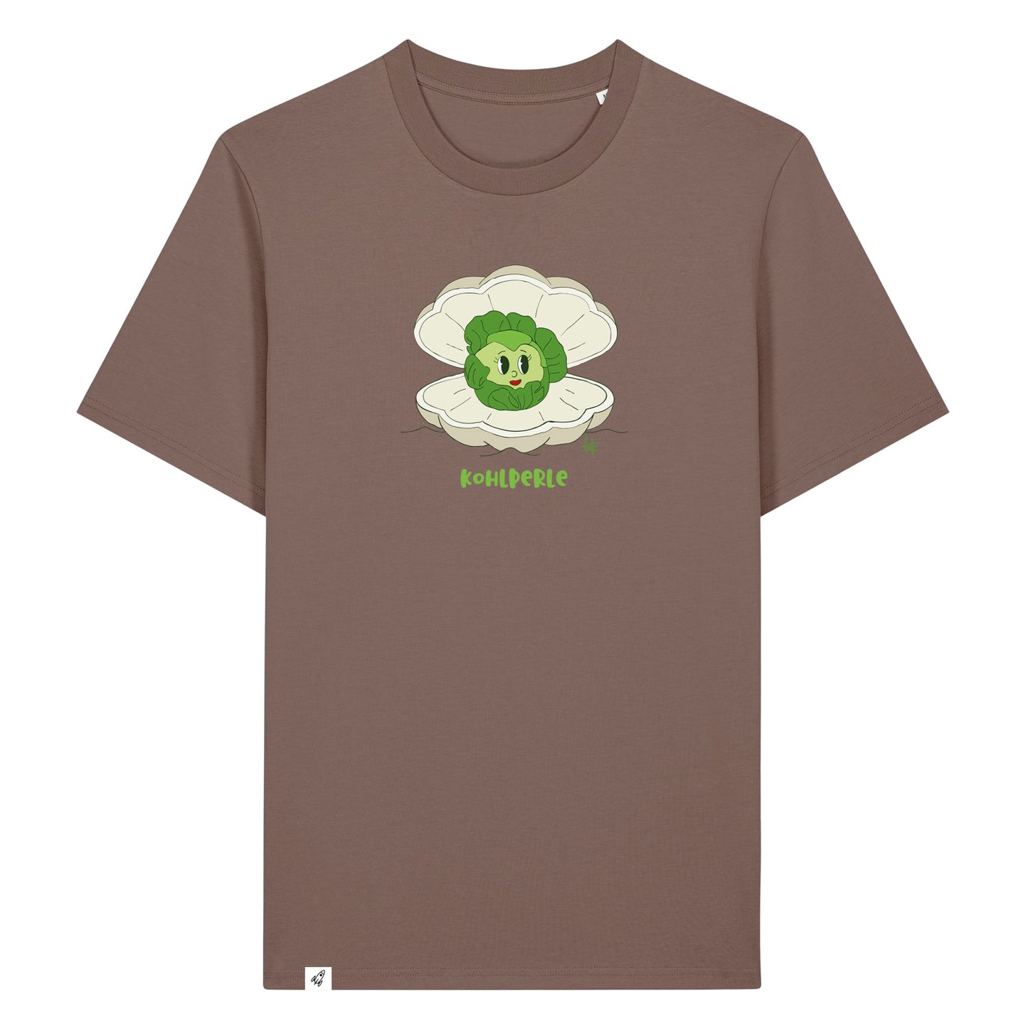 Braunes Unisex T-Shirt mit Rundhalsausschnitt. Auf der Brust ist ein Kohlkopf der in einer aufgeklappten Herzmuschel liegt. Darunter steht der Text Kohlperle.