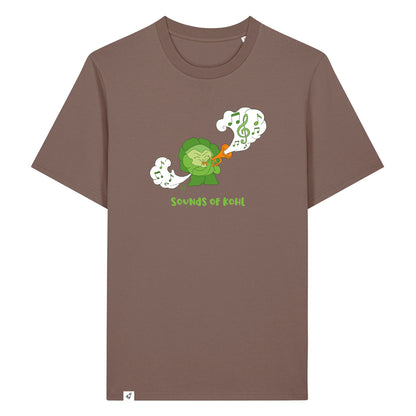 Braunes Unisex T-Shirt mit Rundhalsausschnitt. Auf der Brust ist ein Kohl der Musik auf einer Trompete spielt. Darunter steht der Spruch Sounds of Kohl.
