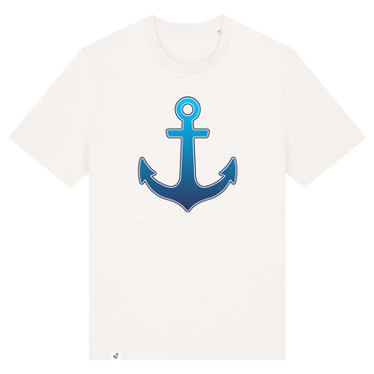 Altweißes Unisex T-Shirt mit Anker im Blauverlauf.