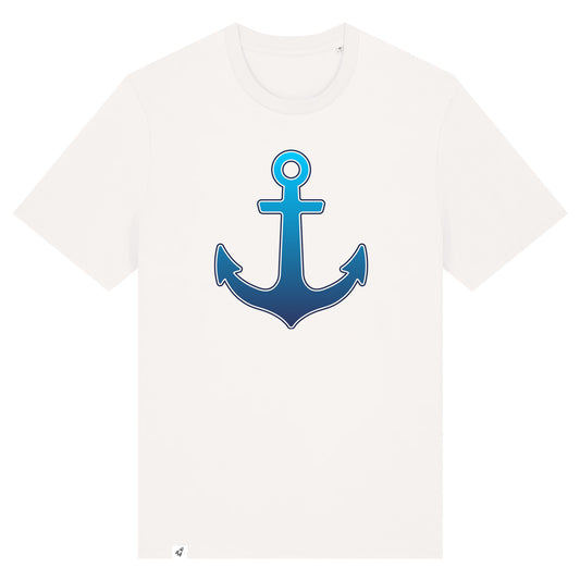 Altweißes Unisex T-Shirt mit Anker im Blauverlauf.