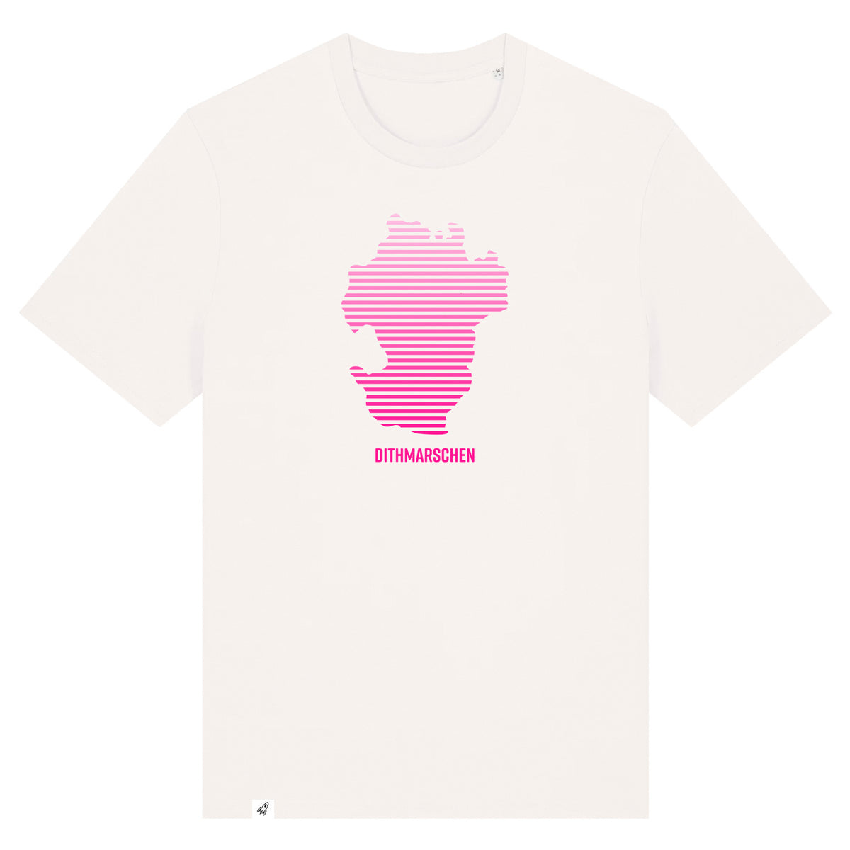 Altweißes Unisex T-Shirt mit Rundhals-Ausschnitt. Auf der Brust ist in pinken Verlaufs-Streifen der Umriss von Dithmarschen. Unter dem Umriss steht Dithmarschen.