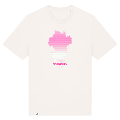 Altweißes Unisex T-Shirt mit Rundhals-Ausschnitt. Auf der Brust ist in pinken Verlaufs-Streifen der Umriss von Dithmarschen. Unter dem Umriss steht Dithmarschen.