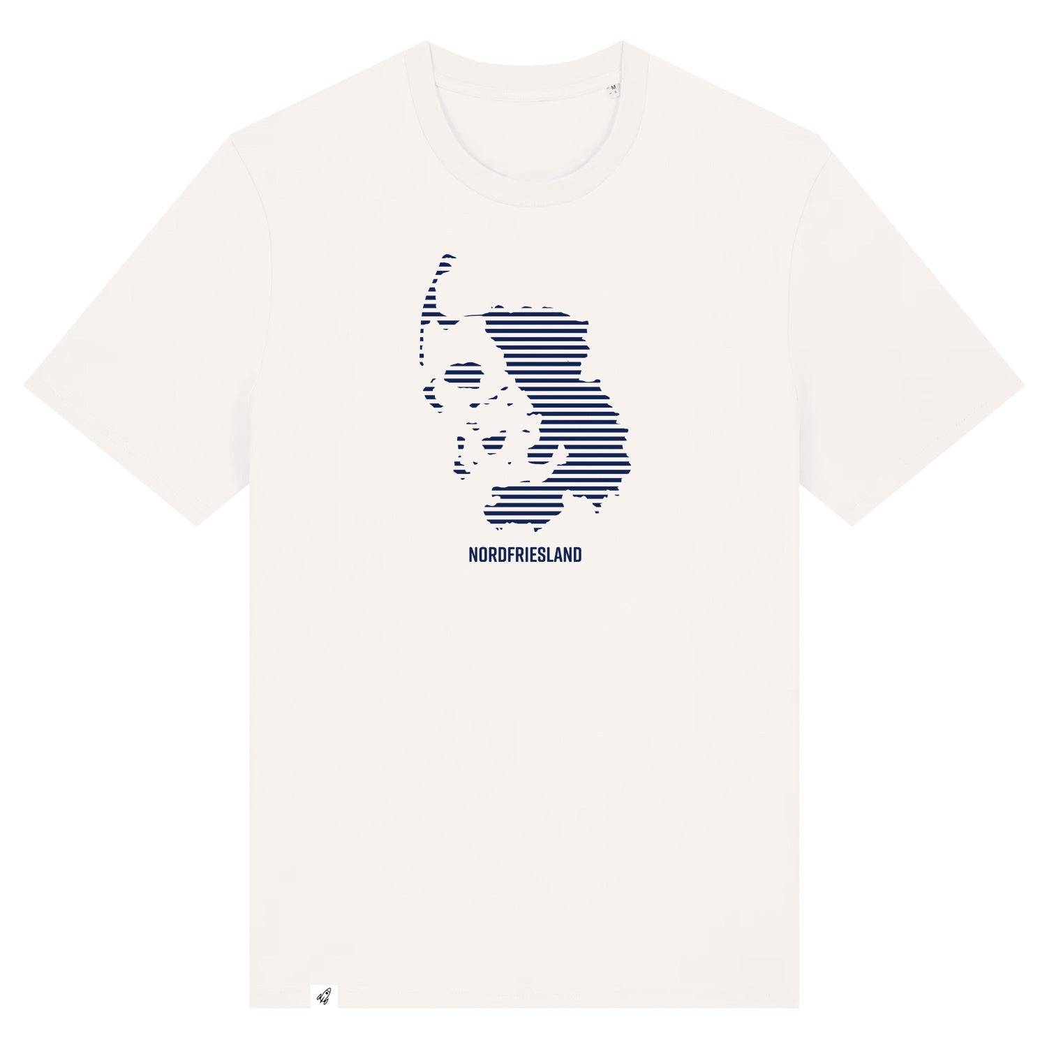 Altweißes Unisex T-Shirt mit dem Nordfriesland Umriss in dunkelblauen Streifen.