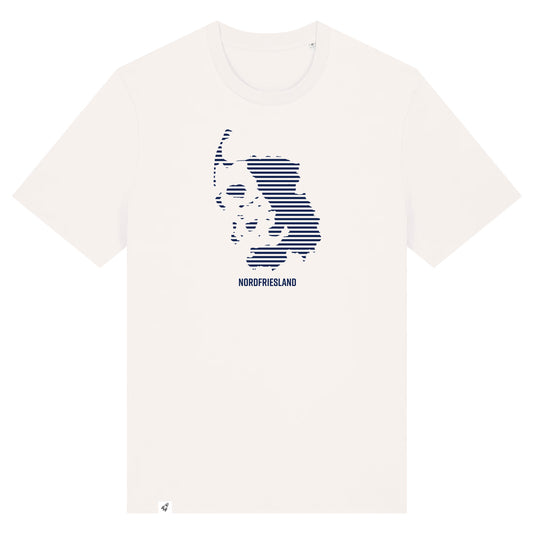 Altweißes Unisex T-Shirt mit dem Nordfriesland Umriss in dunkelblauen Streifen.