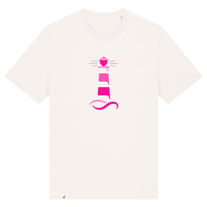 Altweißes Unisex T-Shirt aus der Pinktober Kollektion mit Leuchtturm Motiv.