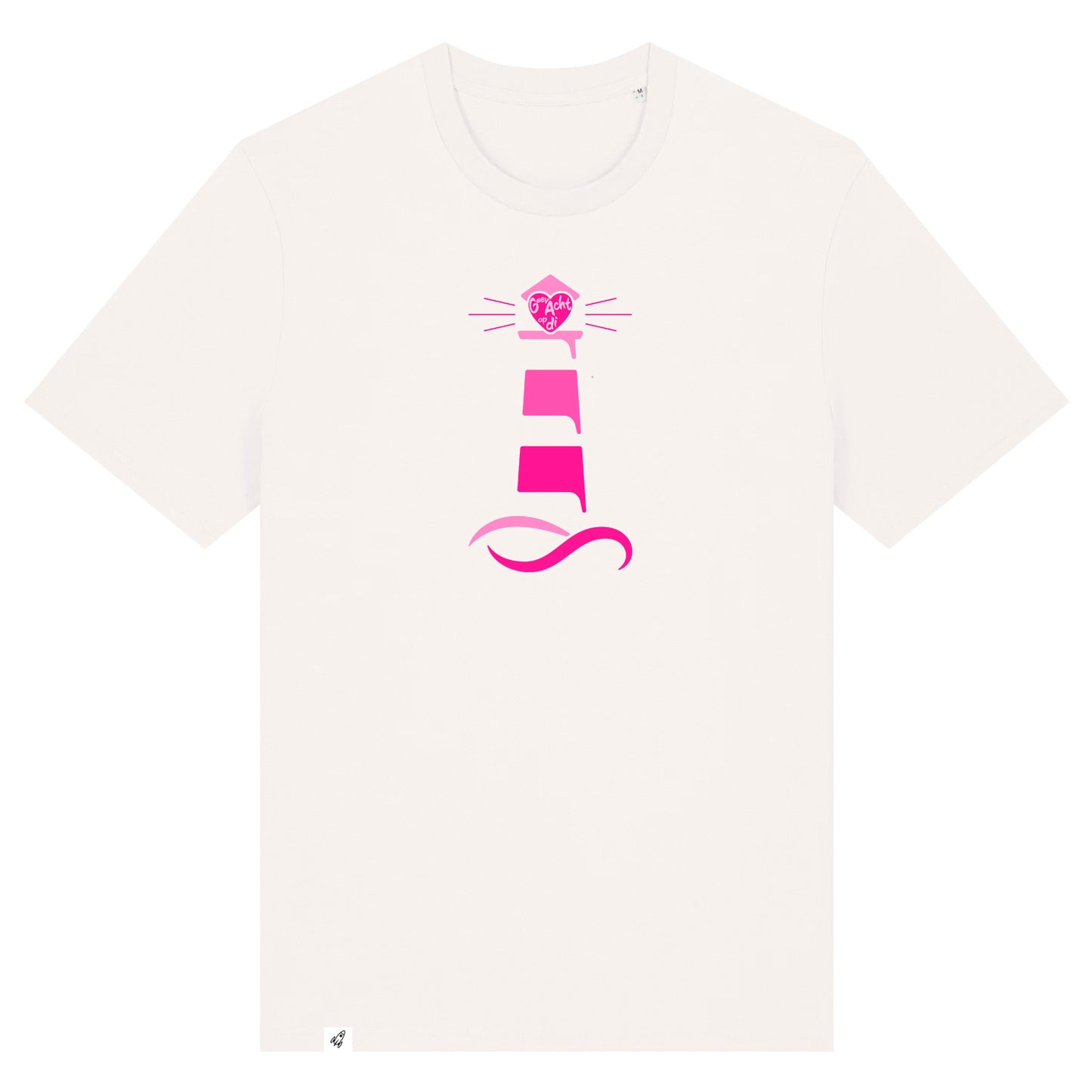 Altweißes Unisex T-Shirt aus der Pinktober Kollektion mit Leuchtturm Motiv.