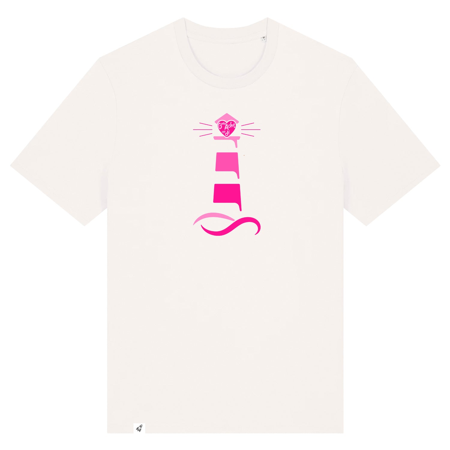 Altweißes Unisex T-Shirt aus der Pinktober Kollektion mit Leuchtturm Motiv.