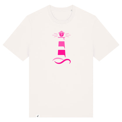 Altweißes Unisex T-Shirt aus der Pinktober Kollektion mit Leuchtturm Motiv.