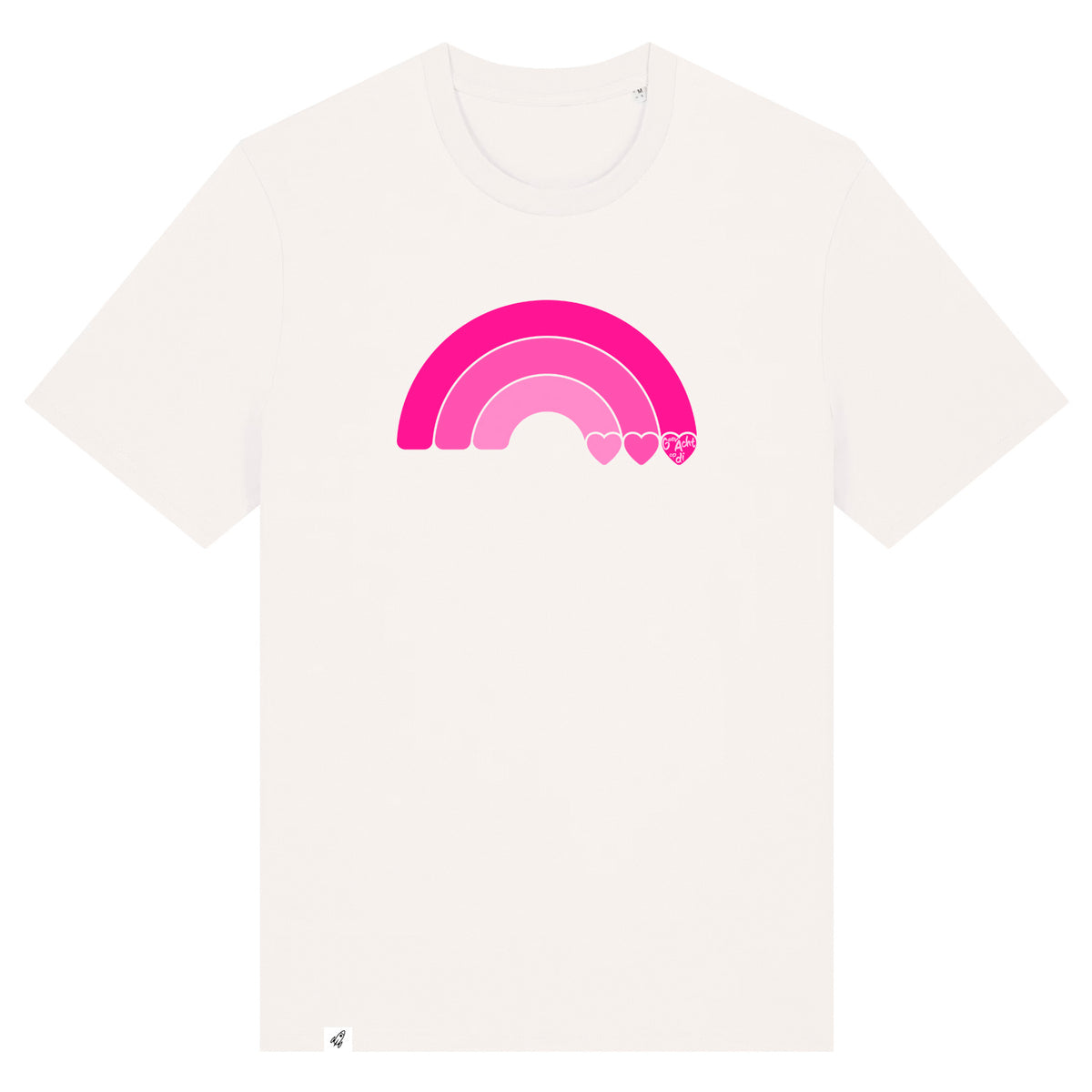Altweißes Unisex T-Shirt aus der Pinktober Kollektion mit Regenbogen Motiv.