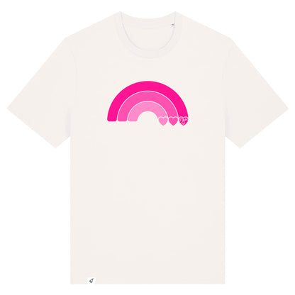 Altweißes Unisex T-Shirt aus der Pinktober Kollektion mit Regenbogen Motiv.