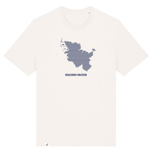 Weißes Unisex T-Shirt mit Rundhalsausschnitt. Auf der Brust ist in blauen Streifen der Umriss von Schleswig-Holstein. Darunter steht Schleswig-Holstein. Die Farbe vom T-Shirt heißt Off White.