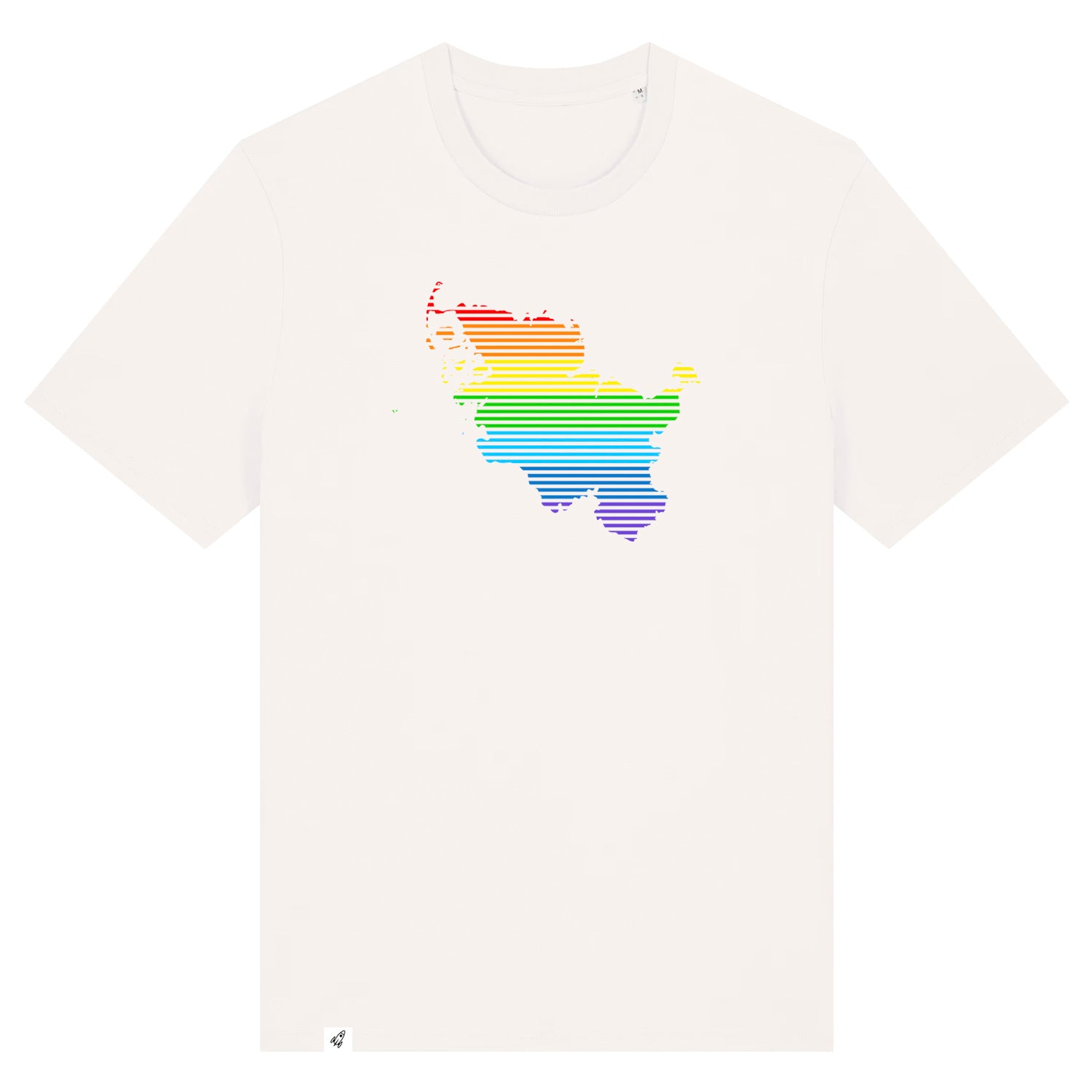 Altweißes Unisex T-Shirt mit dem Schleswig-Holstein Umriss in Linien und Regenbogenfarben.