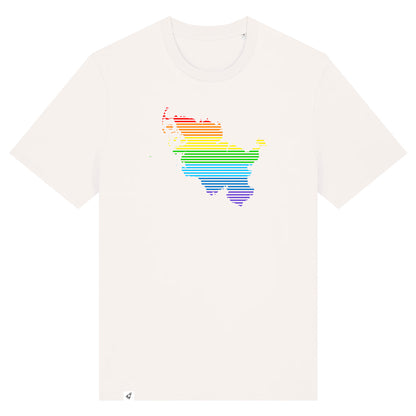 Altweißes Unisex T-Shirt mit dem Schleswig-Holstein Umriss in Linien und Regenbogenfarben.