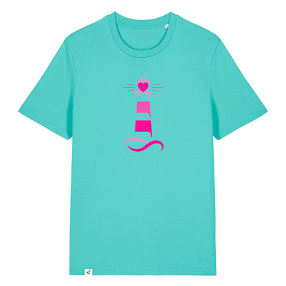 Hellblaues Unisex T-Shirt aus der Pinktober Kollektion mit Leuchtturm Motiv.