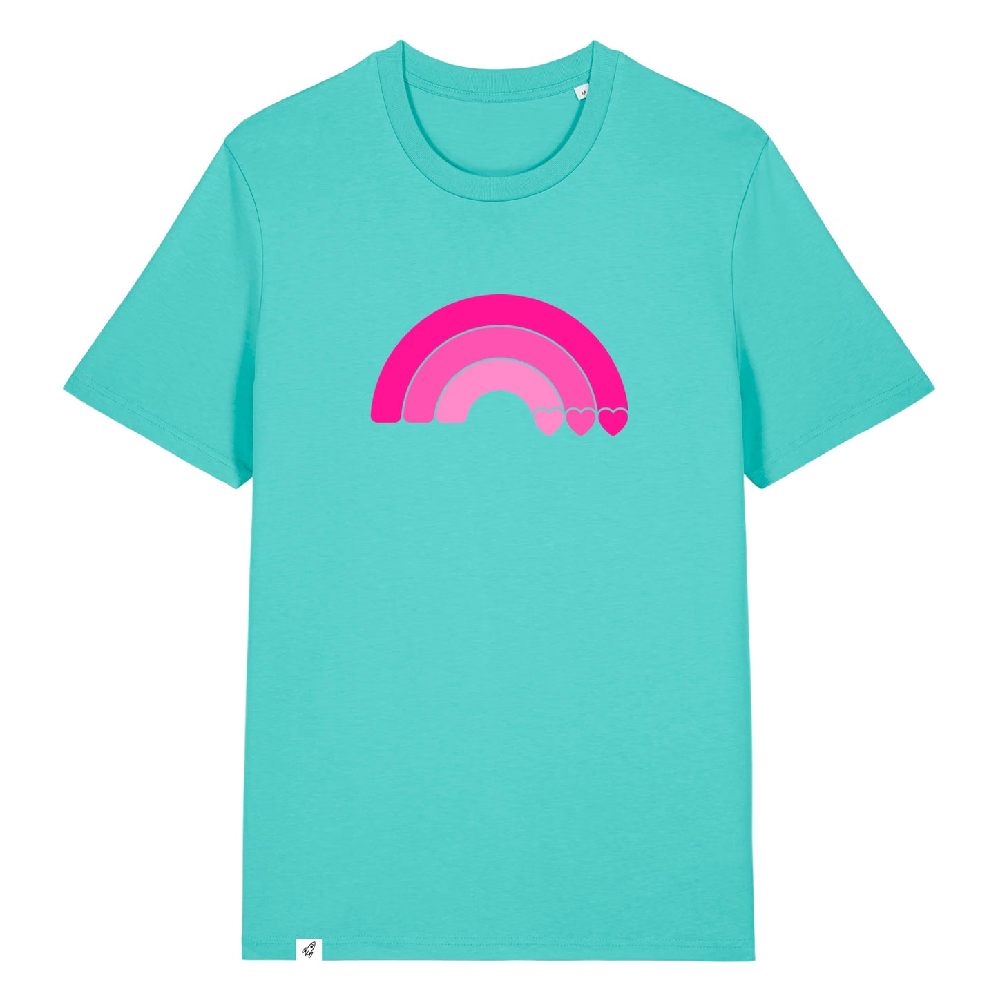 Hellblaues Unisex T-Shirt aus der Pinktober Kollektion mit Regenbogen Motiv.