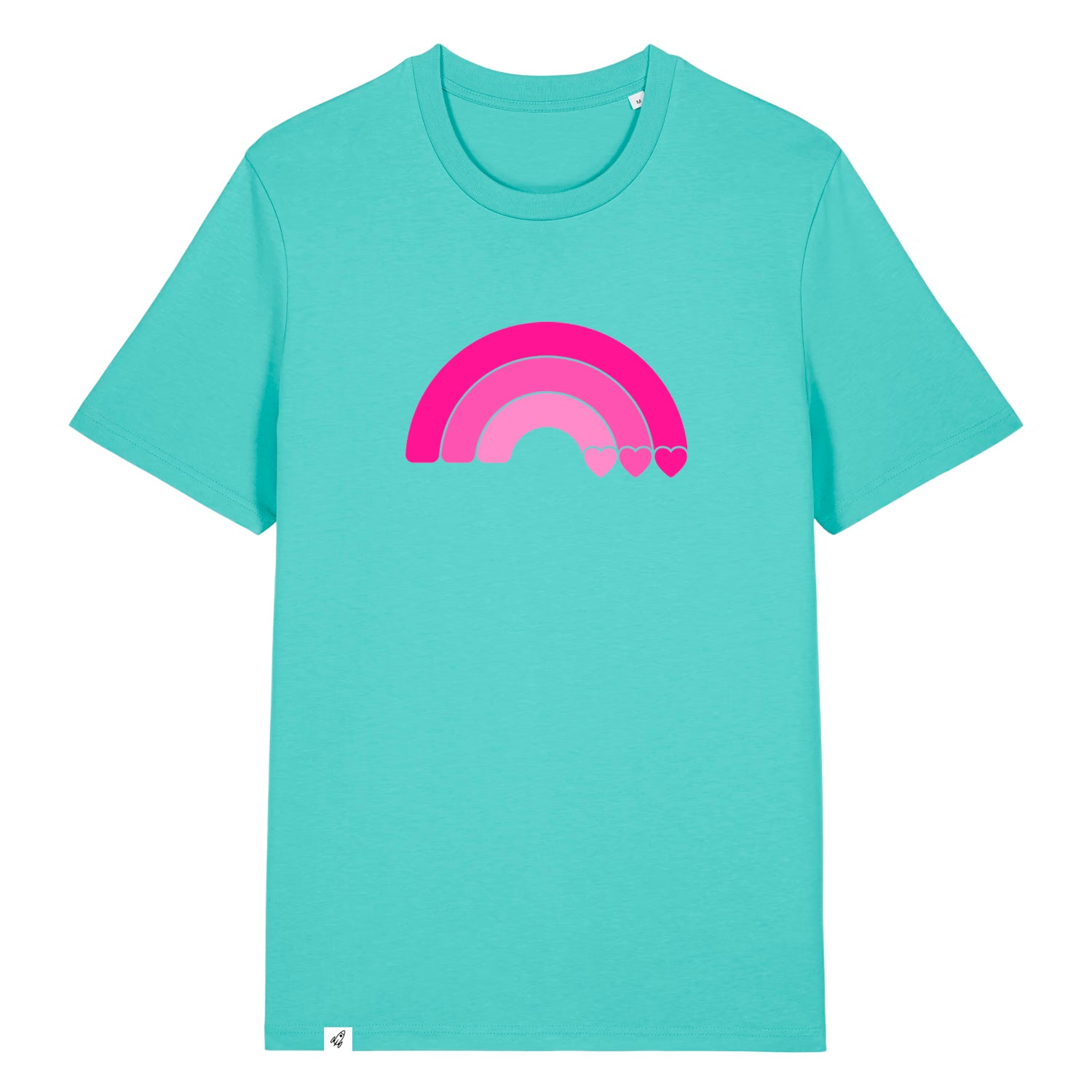 Hellblaues Unisex T-Shirt aus der Pinktober Kollektion mit Regenbogen Motiv.