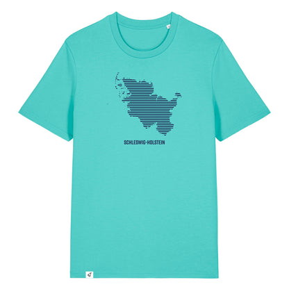 Blaues Unisex T-Shirt mit Rundhalsausschnitt. Auf der Brust ist in blauen Streifen der Umriss von Schleswig-Holstein. Darunter steht Schleswig-Holstein. Die Farbe vom T-Shirt heißt Pool Blue.