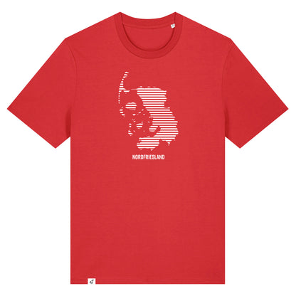 Rotes Unisex T-Shirt mit dem Nordfriesland Umriss in weißen Streifen.