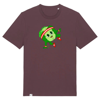 Rotbraunes Unisex T-Shirt mit Rundhalsausschnitt. Auf der Brust ist ein tanzender Kohlkopf.