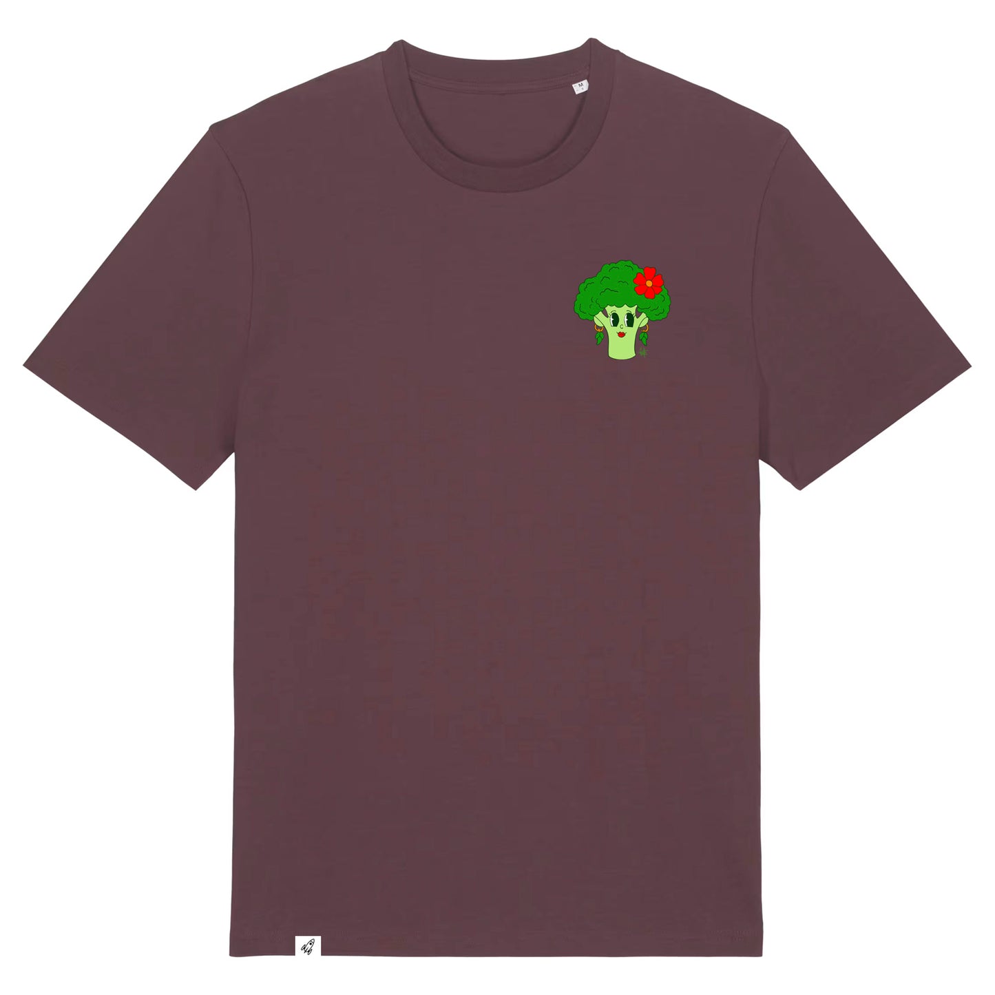 Rotbraunes Unisex T-Shirt mit Rundhalsausschnitt. Auf der linken Brust ist eine Brokkoli Kohlkopf Dame.