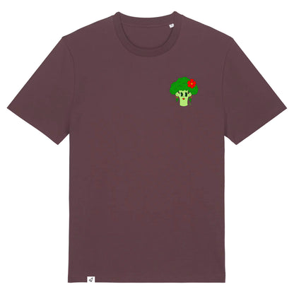 Rotbraunes Unisex T-Shirt mit Rundhalsausschnitt. Auf der linken Brust ist eine Brokkoli Kohlkopf Dame.