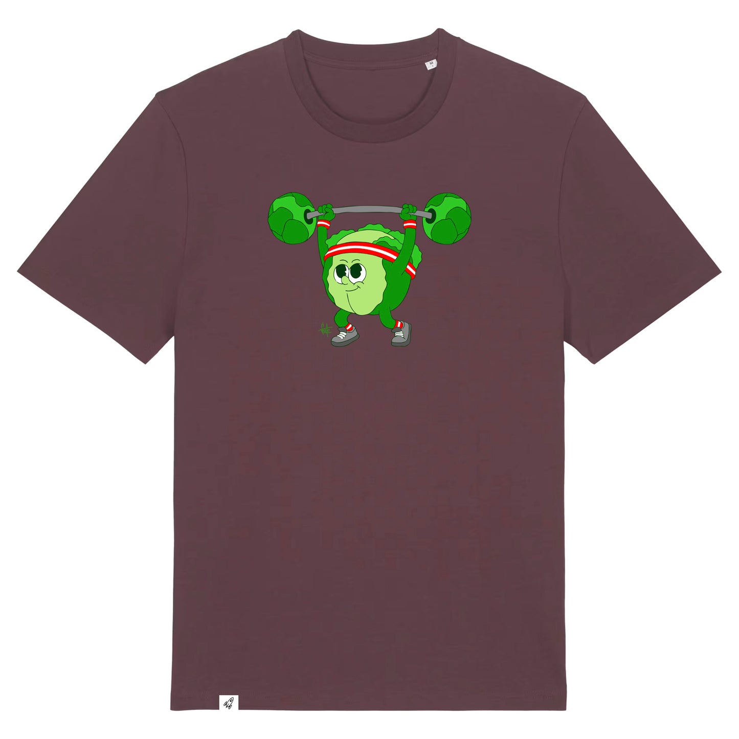 Rotbraunes Unisex T-Shirt mit Rundhalsausschnitt. Auf der Brust ist ein Kohlkopf der eine Hantelstange hebt.