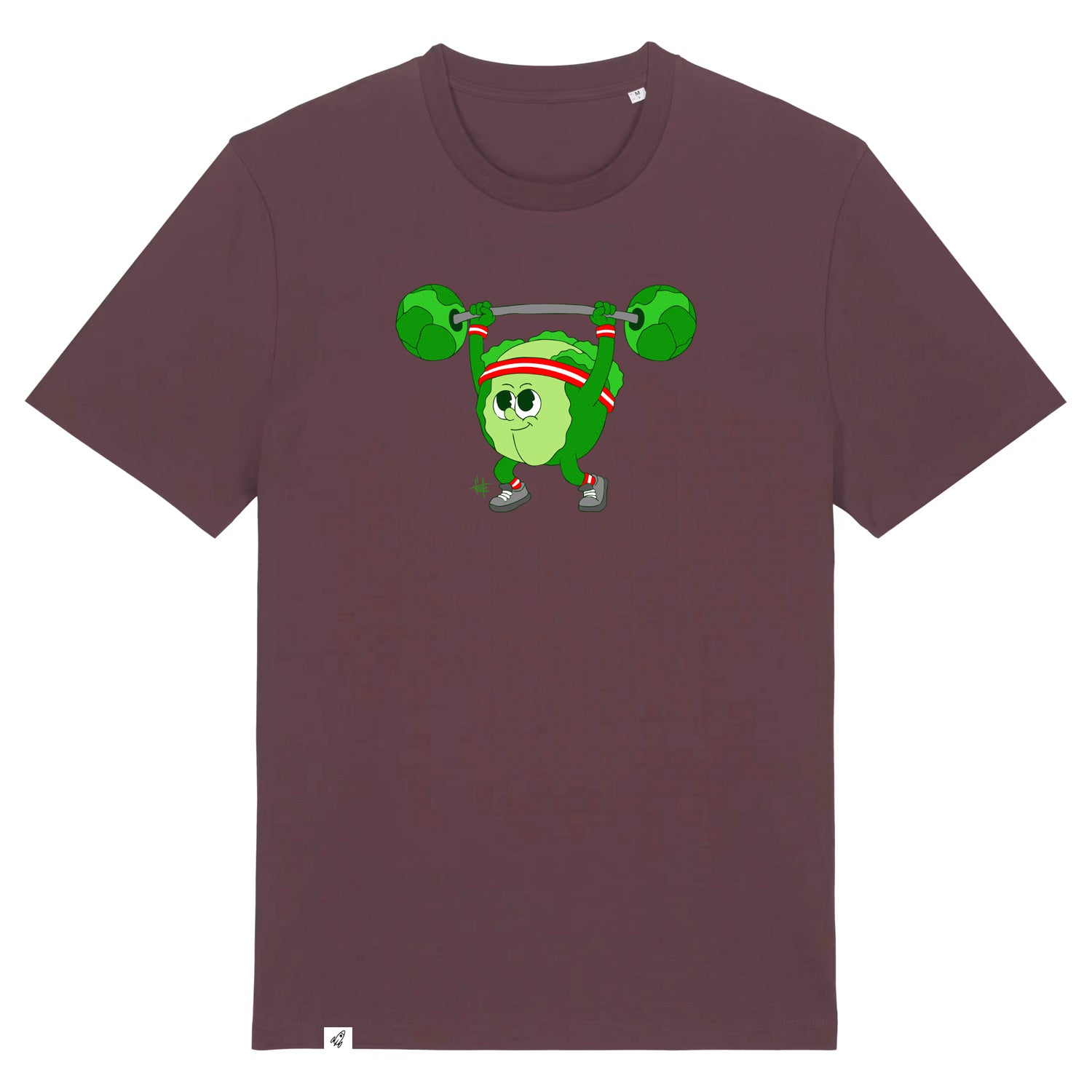 Rotbraunes Unisex T-Shirt mit Rundhalsausschnitt. Auf der Brust ist ein Kohlkopf der eine Hantelstange hebt.