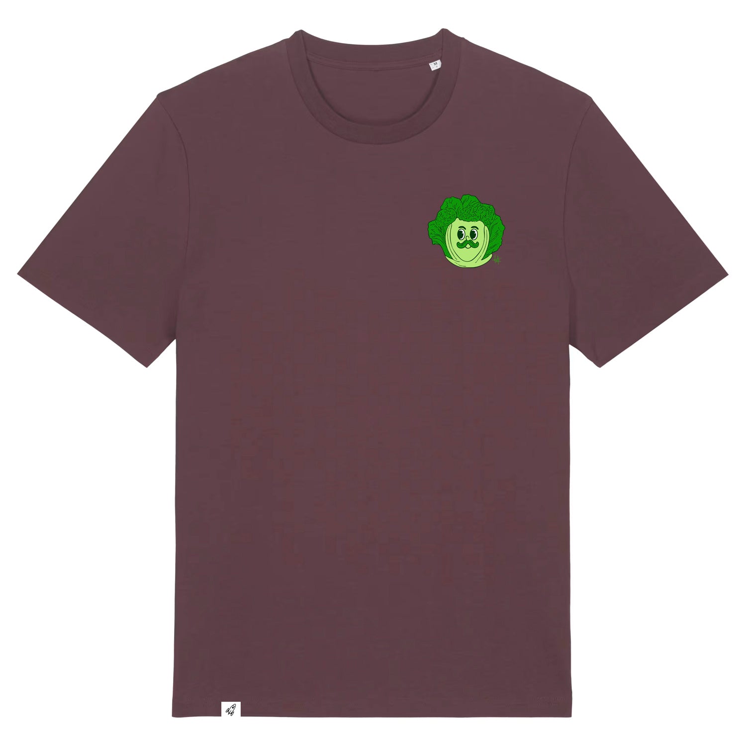 Rotbraunes Unisex T-Shirt mit Rundhalsausschnitt. Auf der linken Brust ist ein Wirsing Kohlkopf Herr.