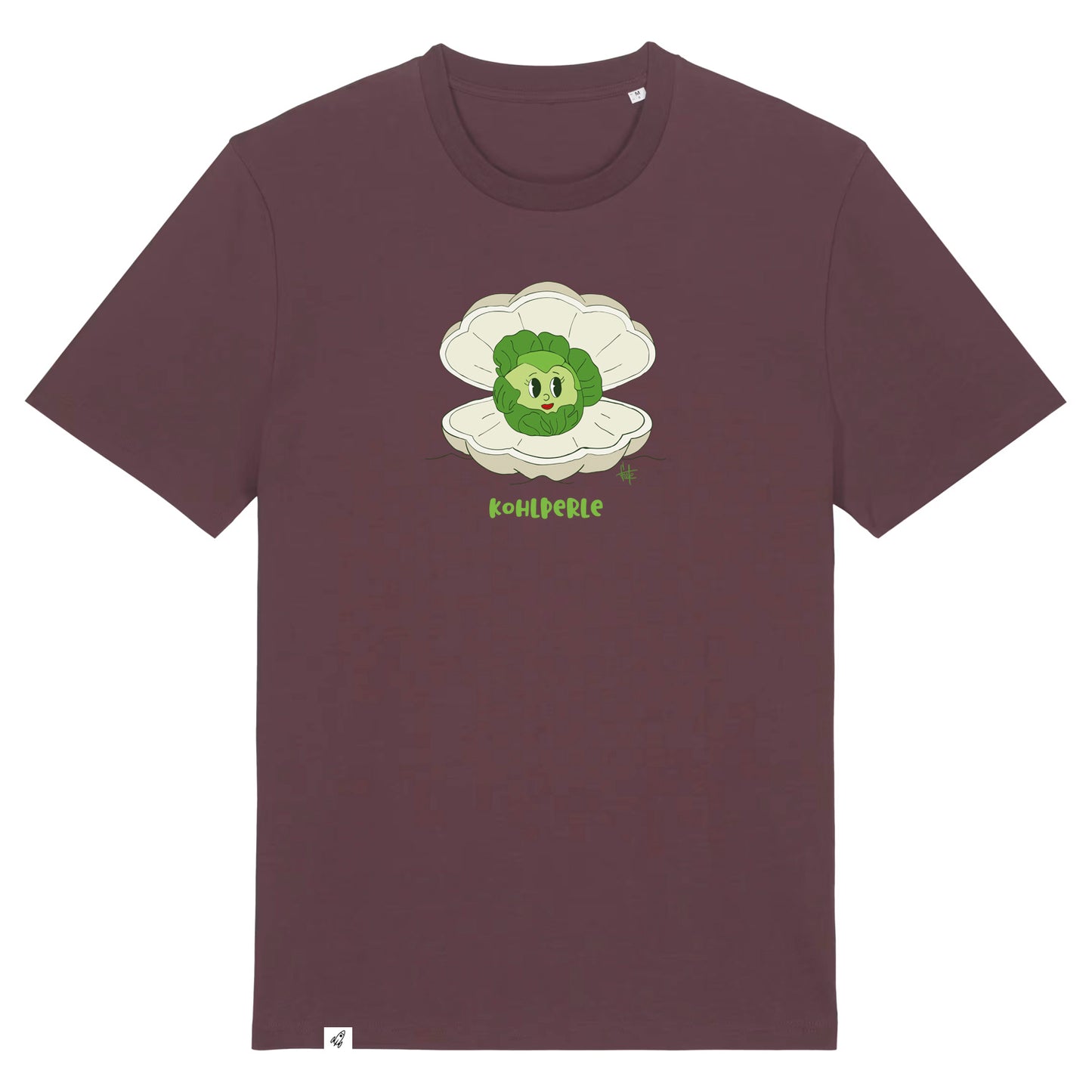 Rotbraunes Unisex T-Shirt mit Rundhalsausschnitt. Auf der Brust ist ein Kohlkopf der in einer aufgeklappten Herzmuschel liegt. Darunter steht der Text Kohlperle.