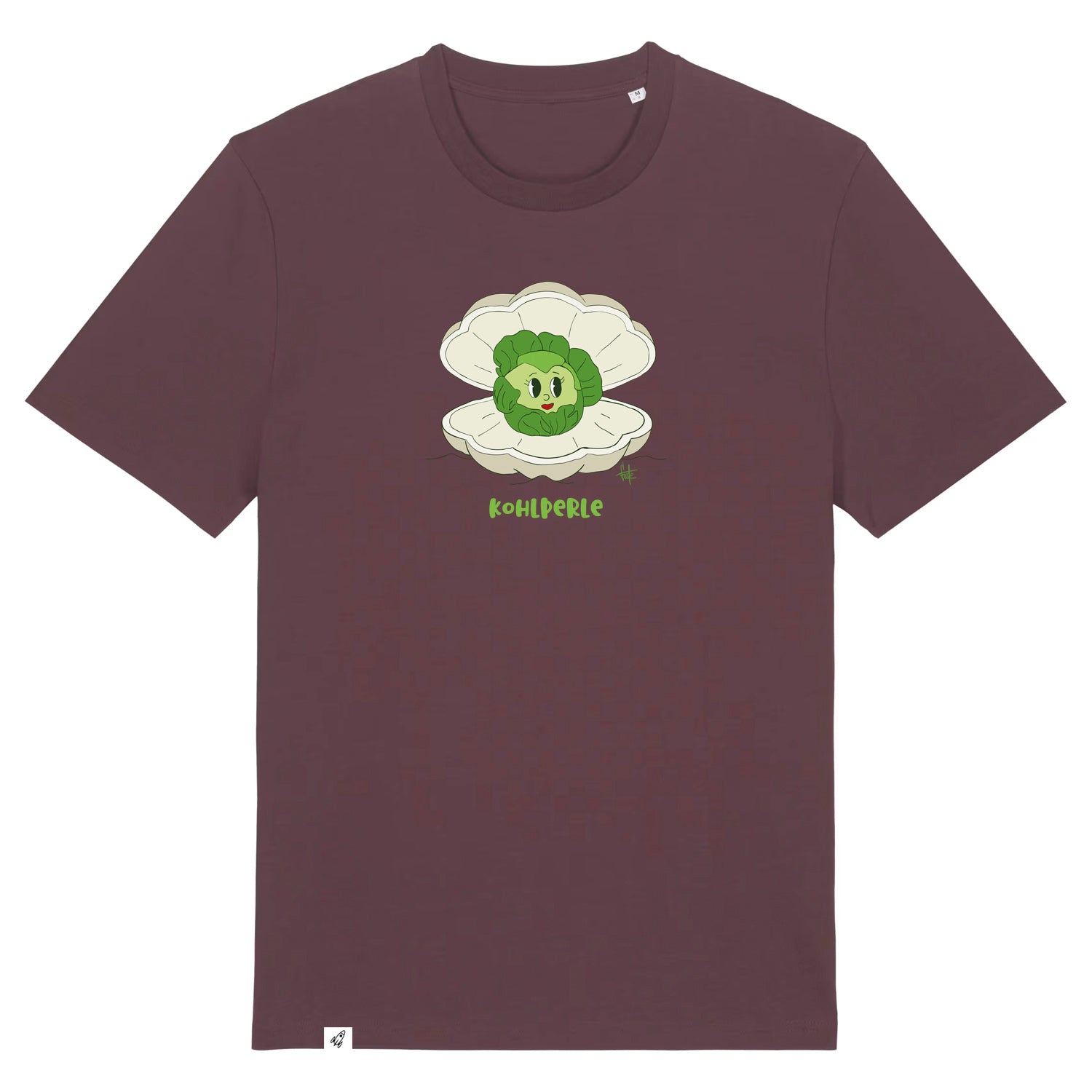 Rotbraunes Unisex T-Shirt mit Rundhalsausschnitt. Auf der Brust ist ein Kohlkopf der in einer aufgeklappten Herzmuschel liegt. Darunter steht der Text Kohlperle.