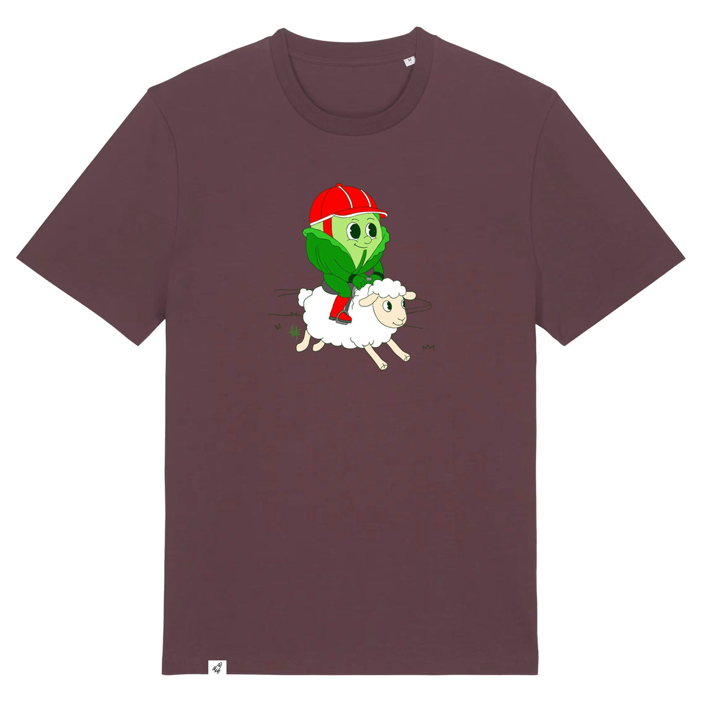 Rotbraunes Unisex T-Shirt mit Rundhalsausschnitt. Auf der Brust ist ein Kohlkopf der auf einem Schaf reitet.