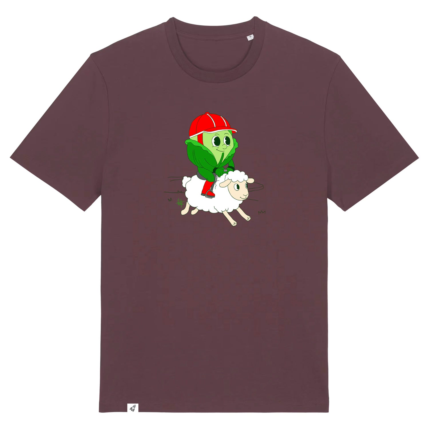 Rotbraunes Unisex T-Shirt mit Rundhalsausschnitt. Auf der Brust ist ein Kohlkopf der auf einem Schaf reitet.
