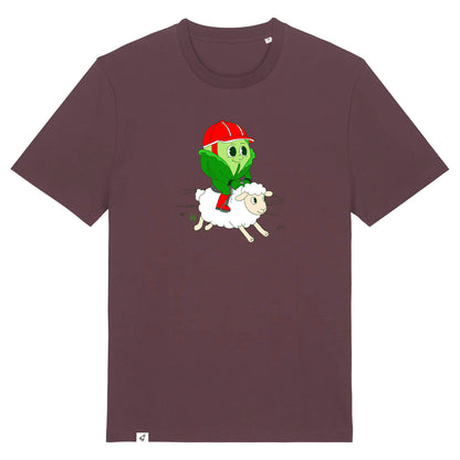 Rotbraunes Unisex T-Shirt mit Rundhalsausschnitt. Auf der Brust ist ein Kohlkopf der auf einem Schaf reitet.