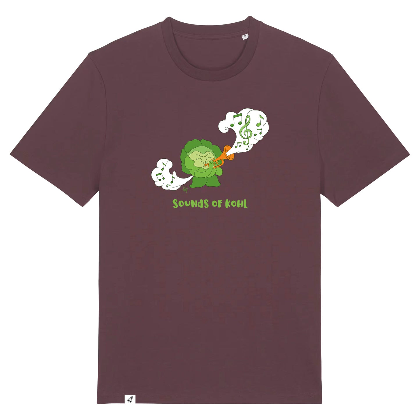 Rotbraunes Unisex T-Shirt mit Rundhalsausschnitt. Auf der Brust ist ein Kohl der Musik auf einer Trompete spielt. Darunter steht der Spruch Sounds of Kohl.