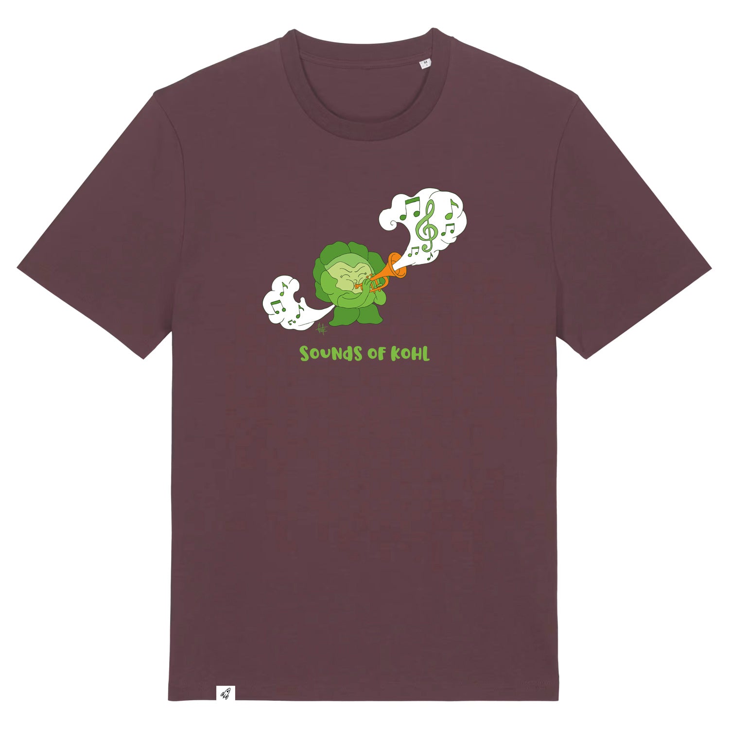 Rotbraunes Unisex T-Shirt mit Rundhalsausschnitt. Auf der Brust ist ein Kohl der Musik auf einer Trompete spielt. Darunter steht der Spruch Sounds of Kohl.