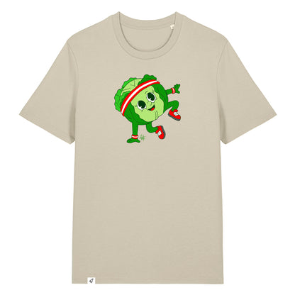 Steinfarbiges Unisex T-Shirt mit Rundhalsausschnitt. Auf der Brust ist ein tanzender Kohlkopf.
