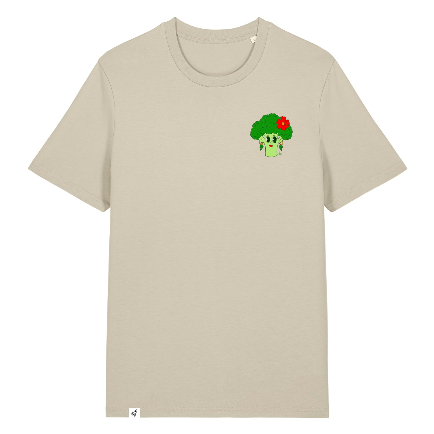 Steinfarbenes Unisex T-Shirt mit Rundhalsausschnitt. Auf der linken Brust ist eine Brokkoli Kohlkopf Dame.