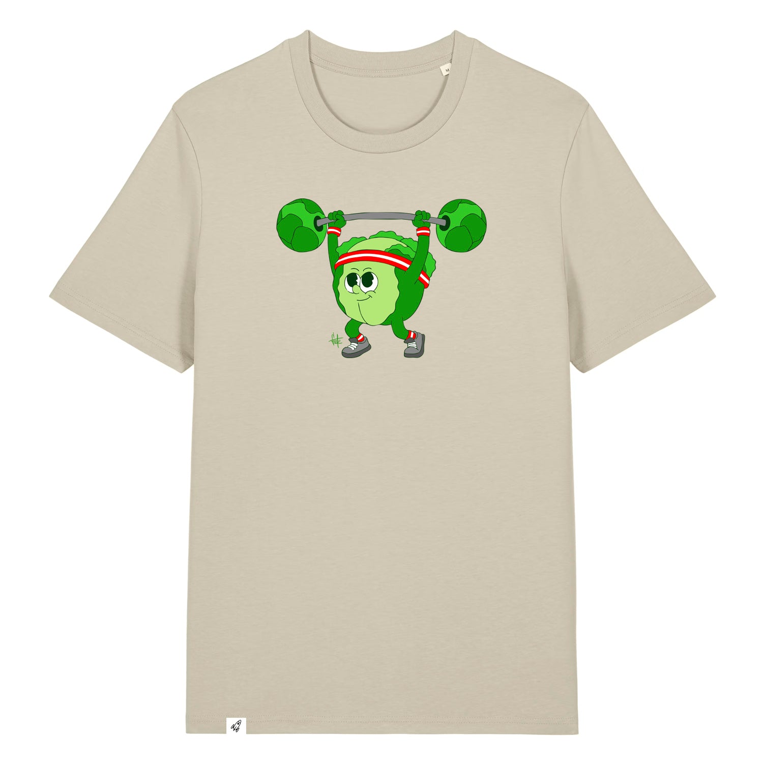 Steinfarbenes Unisex T-Shirt mit Rundhalsausschnitt. Auf der Brust ist ein Kohlkopf der eine Hantelstange hebt.