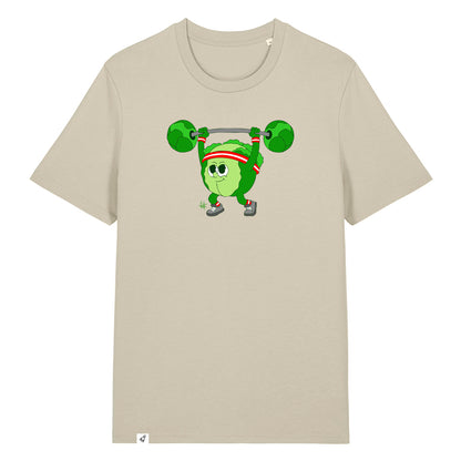 Steinfarbenes Unisex T-Shirt mit Rundhalsausschnitt. Auf der Brust ist ein Kohlkopf der eine Hantelstange hebt.