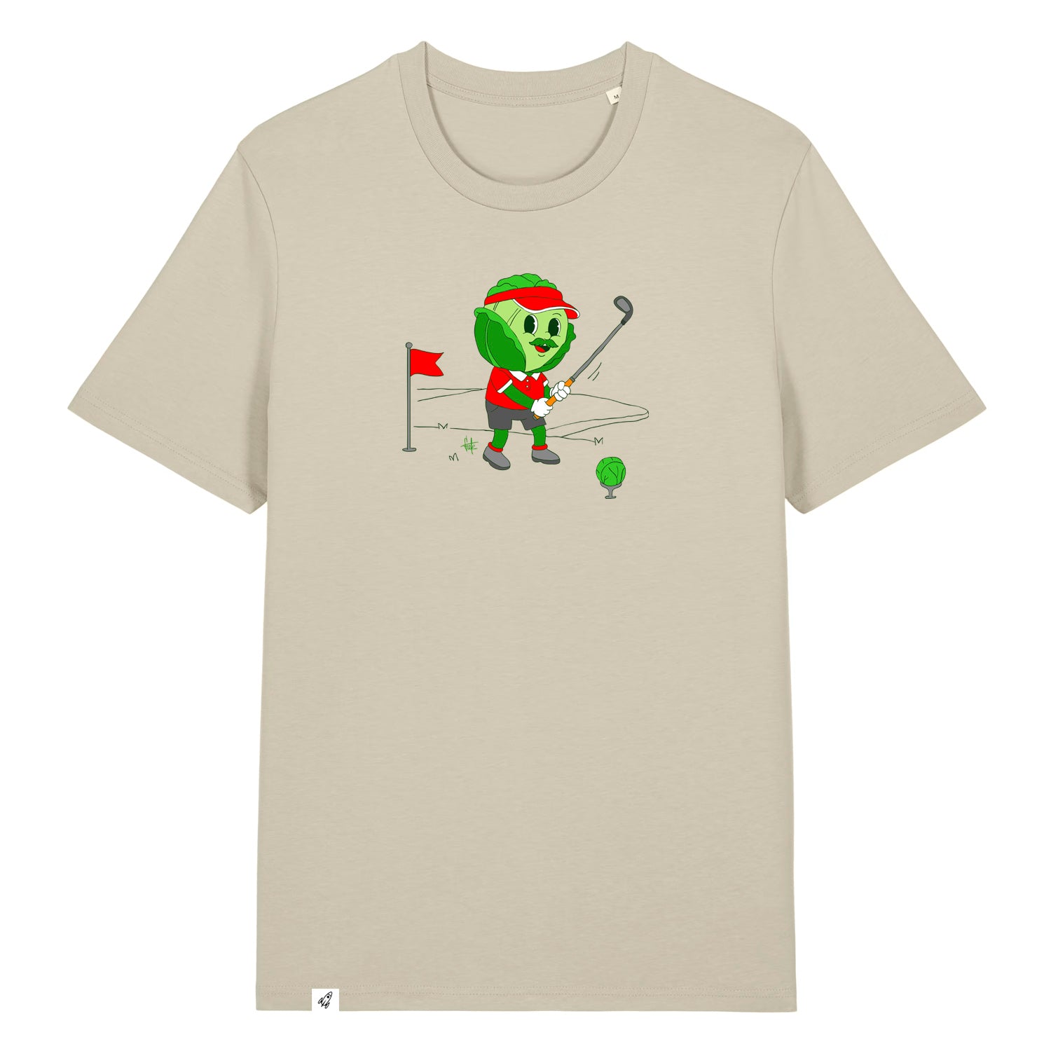 Steinfarbiges Unisex T-Shirt mit Rundhalsausschnitt. Auf der Brust ist ein Kohl der Golf spielt.